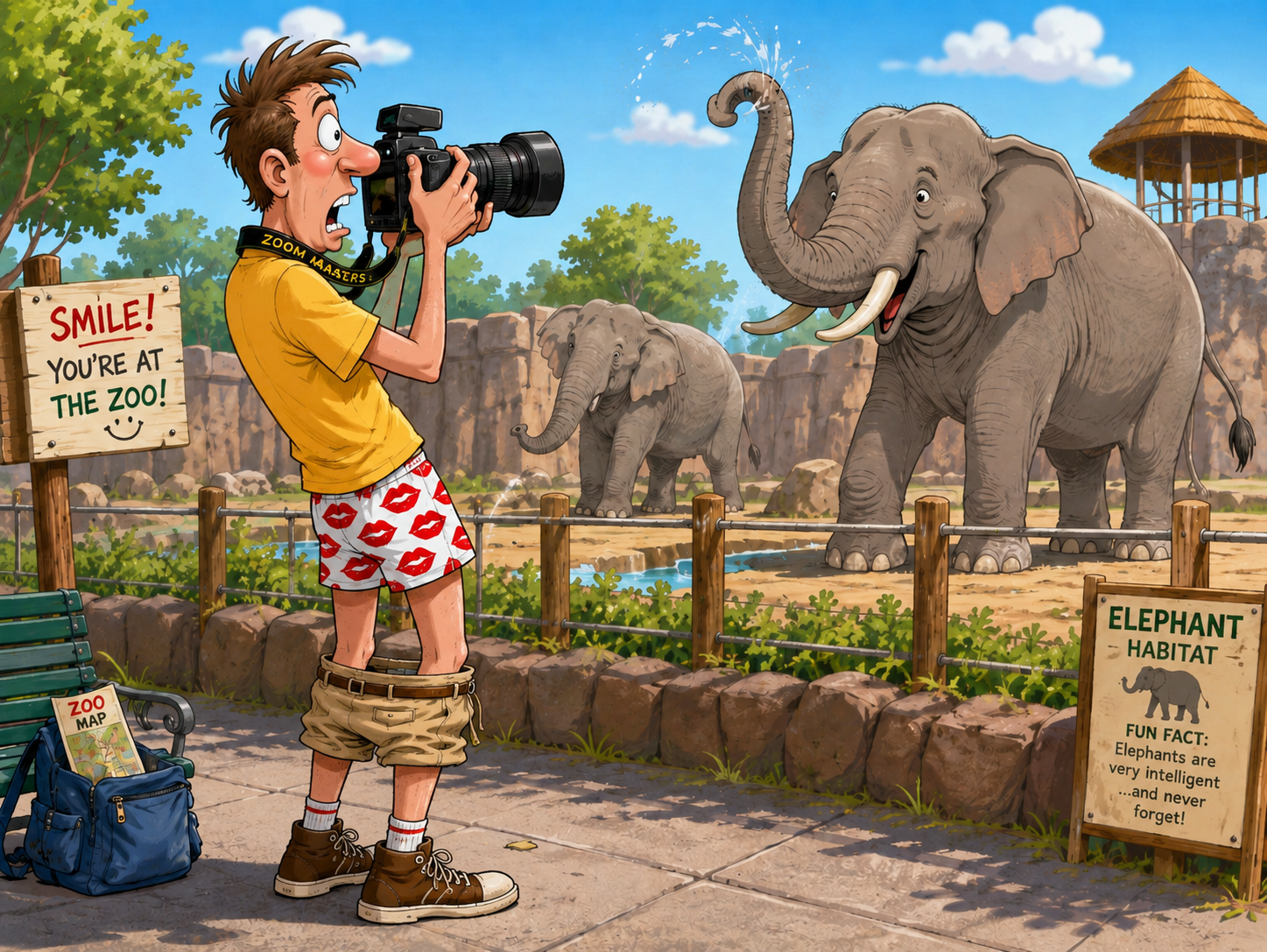 Cartoon tourist with kiss-print boxers photographing an elephant that's about to spray him with water